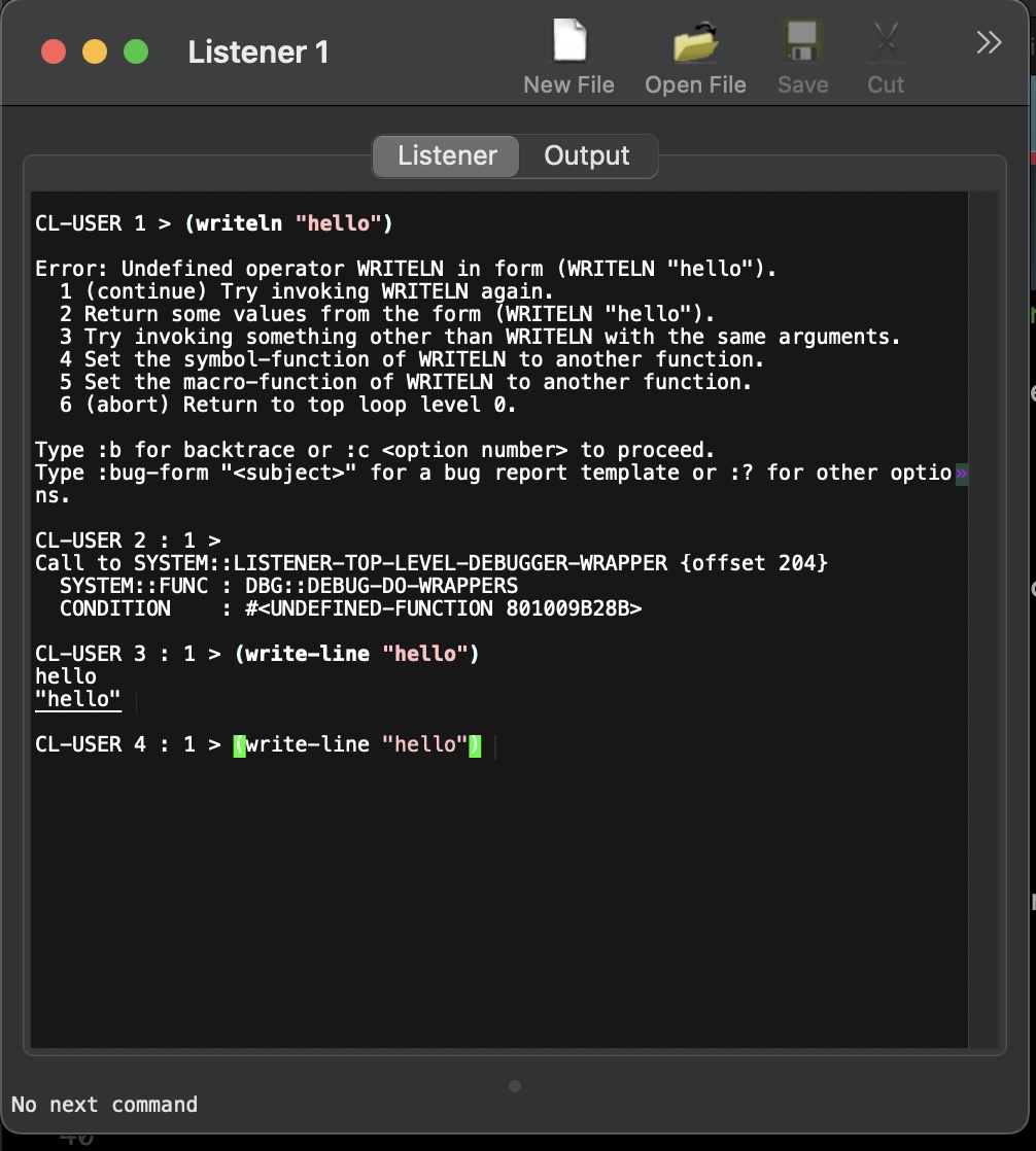 A LispWorks Listener session, showing the user first trying to call the non-existant 'writeln' function, reciving an error, then calling the correct 'write-line' function. Command history navigation with option-P or alt-P is helpful to quickly edit any incorrect code and execute it again when in the LispWorks Listener