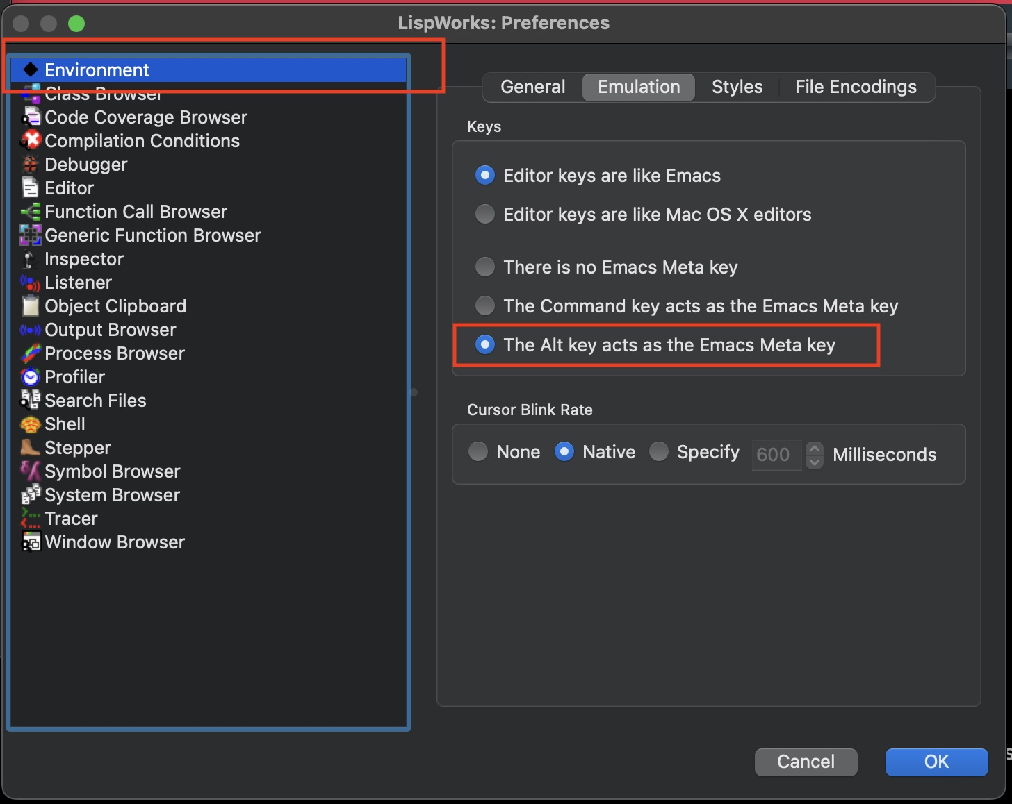 screenshot of LispWorks Settings showing how to enable the Option-P keyboard shortcut by enabling Emacs emulation by treating the MacOS Option key as a Meta key.