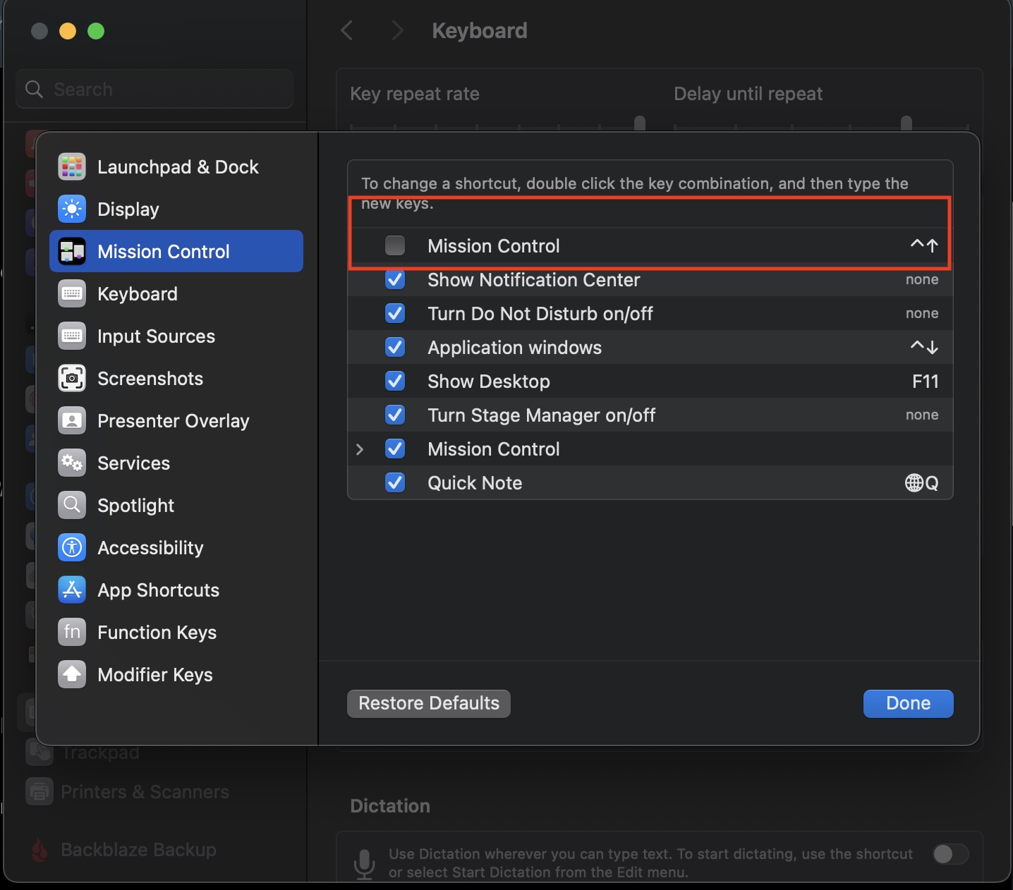 image of the Macos Mission Control keyboard settings panel, with the Mission Control checkbox unchecked so we can use Control Up Arrow in Dr Racket effectively.